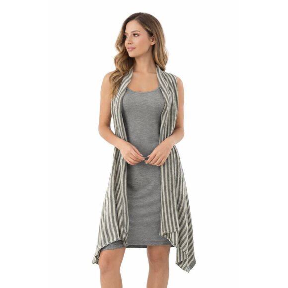 BCBGMaxazria Gray White Striped Sleeveless Open Front High Low Duster Cardigan - Picture 15 of 15